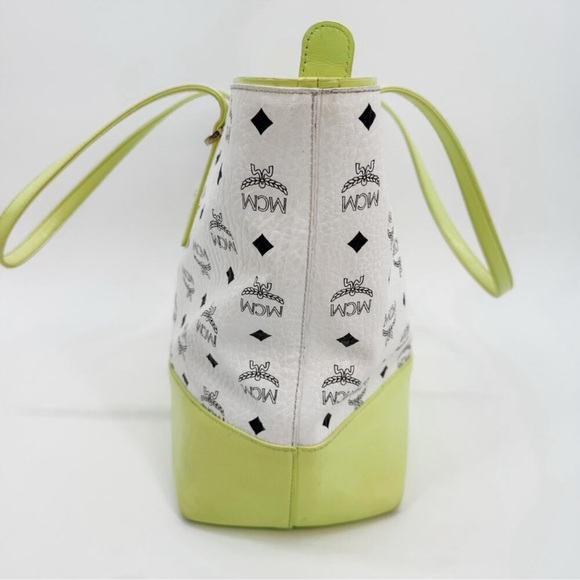 MCM Tote Bag White Yellow Visetos Shopper Authentic Leather Zipper Purse Handbag - Picture 3 of 15